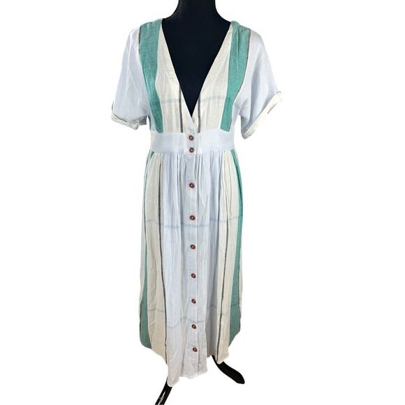 O’Neill woman’s medium Reid Light Blue Multi Stripe Button-Up Midi Dress - Picture 2 of 8